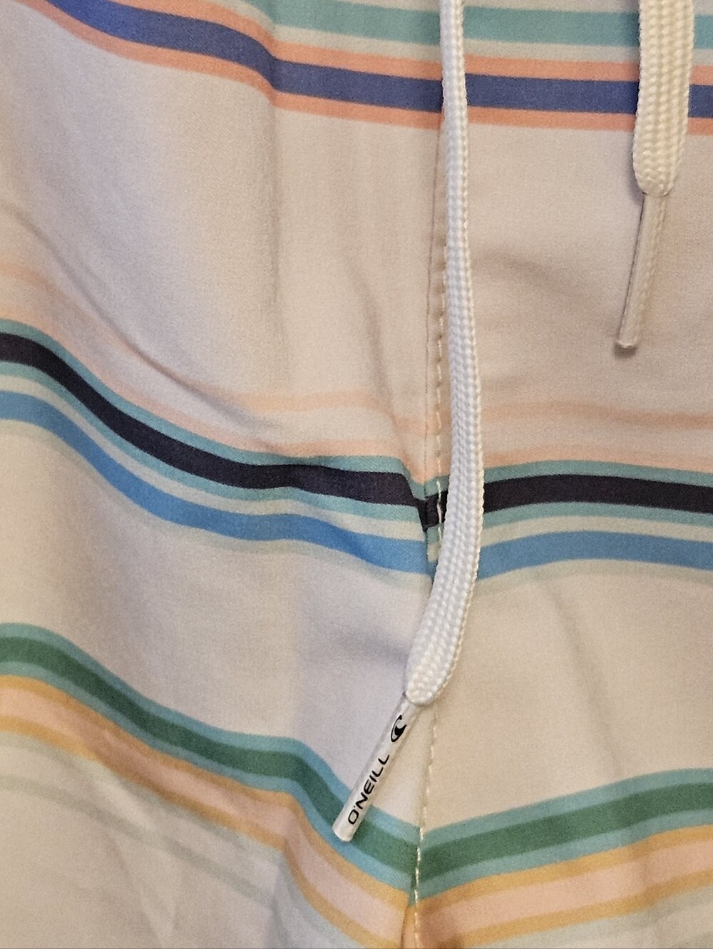 O'Neill Women's Cream Athletic Shorts with Blue, Green & Yellow Stripes - Picture 2 of 3